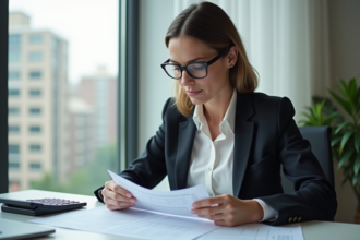 Femme daffaires relisant des documents dans un bureau à domicile