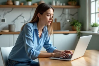 Femme assise à la cuisine avec ordinateur portable