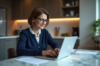 Femme d'âge moyen utilisant son ordinateur pour banque en ligne