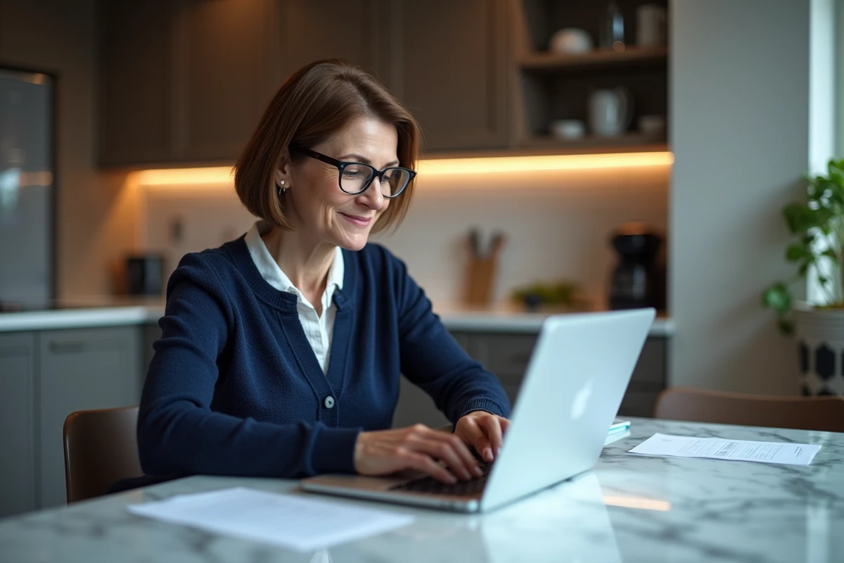 Femme d'âge moyen utilisant son ordinateur pour banque en ligne