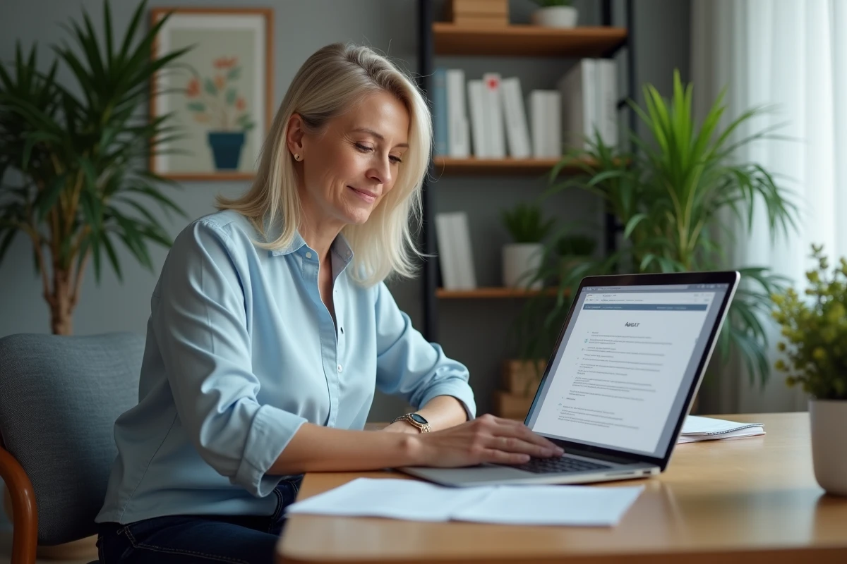 Femme d'âge moyen travaillant sur un ordinateur dans un bureau organisé