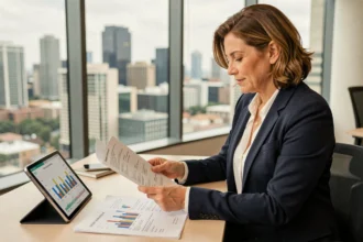 Femme cadre analysant un investissement en SCPI Coeur de région avec des documents financiers sur un bureau professionnel