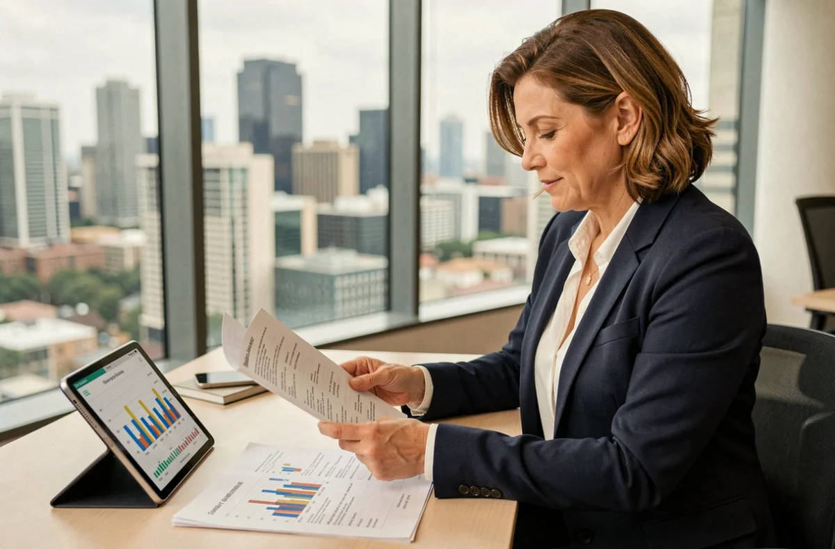 Femme cadre analysant un investissement en SCPI Coeur de région avec des documents financiers sur un bureau professionnel