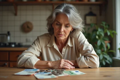 Femme comparant d'anciennes pièces de francs français et des billets d'euros modernes sur une table de cuisine en bois, réfléchissant au pouvoir d'achat