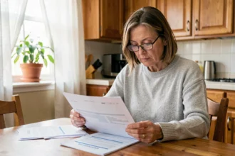 Femme d'une quarantaine d'années comparant des offres de mutuelle santé à domicile