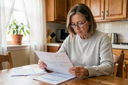 Femme d'une quarantaine d'années comparant des offres de mutuelle santé à domicile