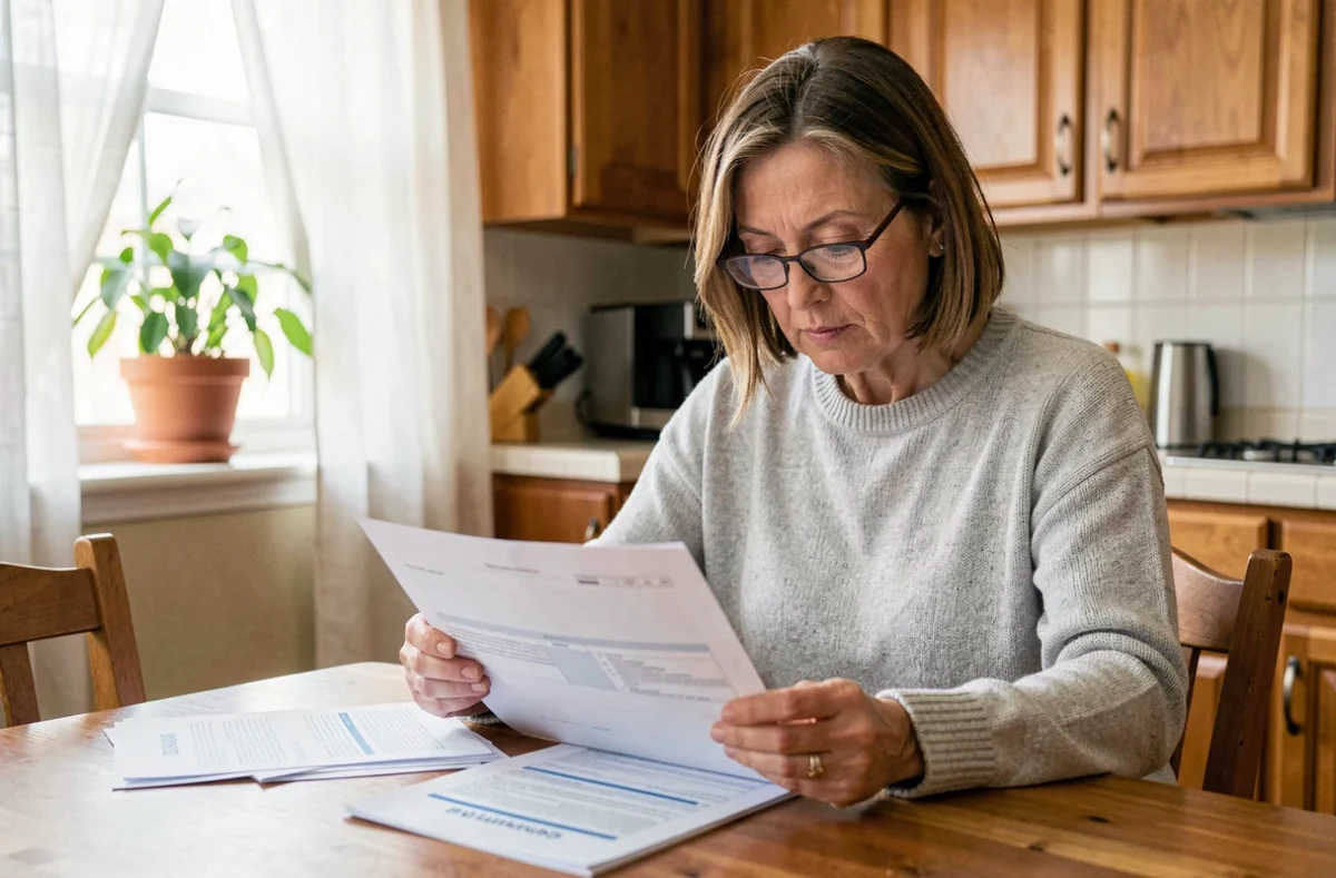 Femme d'une quarantaine d'années comparant des offres de mutuelle santé à domicile