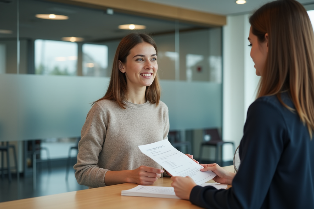 Jeune femme parlant avec un conseiller bancaire au guichet