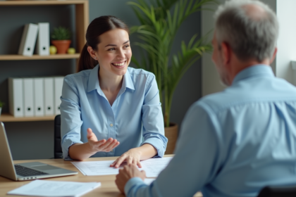 Jeune femme confiante discutant d'un prêt immobilier avec un conseiller