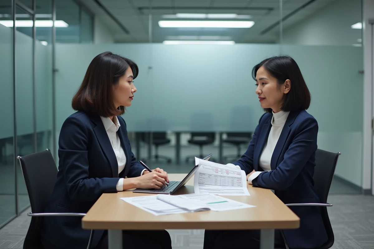 Femme consultant un conseiller financier pour optimiser la prime Macron sur sa feuille d'impôts dans un bureau professionnel