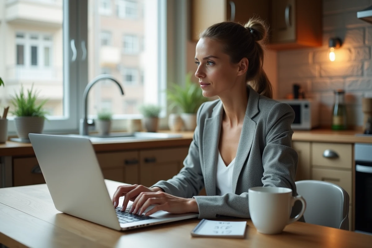 Femme consultant les données boursières FDJ sur un ordinateur portable dans une cuisine moderne, contexte dividende et inflation 2026