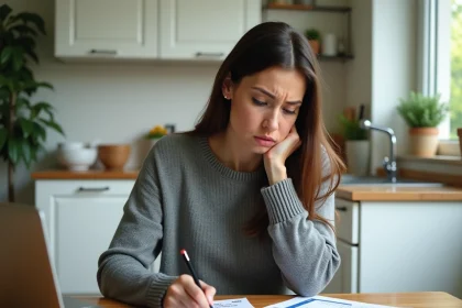 Femme consultant un relevé bancaire pour contester un prélèvement non reconnu REMISEREDUCH