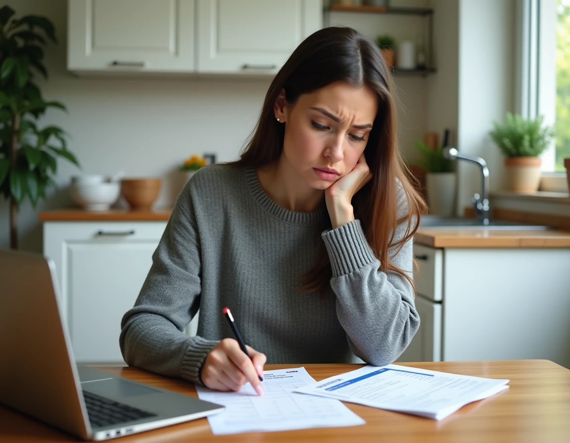 Femme consultant un relevé bancaire pour contester un prélèvement non reconnu REMISEREDUCH