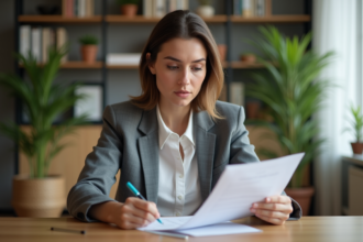 Femme en intérieur moderne examine un contrat d'hypothèque