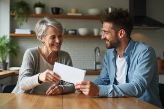 Femme et son fils échangeant une enveloppe dans la cuisine