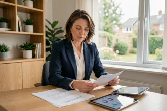 Femme cadre consultant son plan d'épargne salariale pour la retraite à son bureau à domicile
