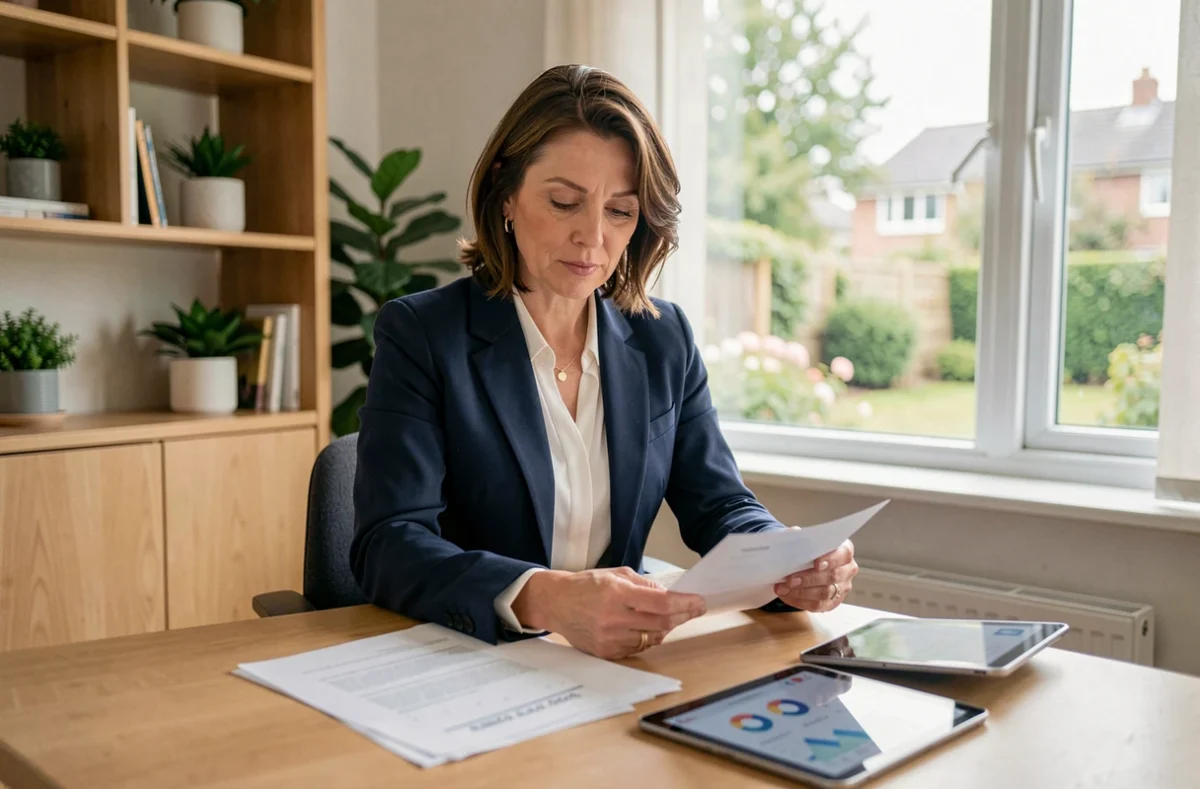 Femme cadre consultant son plan d'épargne salariale pour la retraite à son bureau à domicile