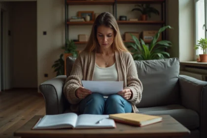 Femme assise sur un canapé en train d'étudier des papiers dans un appartement modeste