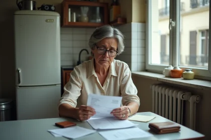 Femme française examinant ses factures et reçus alimentaires à une table de cuisine modeste, illustrant la stagnation du pouvoir d'achat face à l'inflation