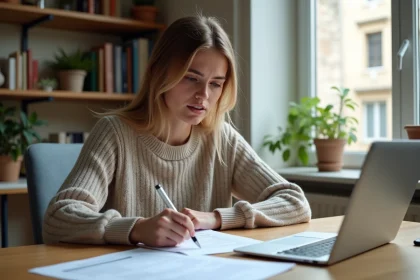 Jeune femme française remplissant un formulaire Cerfa 2042 RICI à domicile