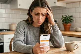Jeune femme frustrée regardant son smartphone avec un message d'erreur sur l'application Nickel dans une cuisine moderne