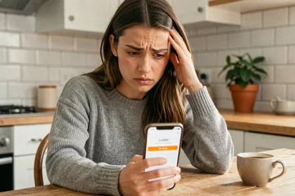 Jeune femme frustrée regardant son smartphone avec un message d'erreur sur l'application Nickel dans une cuisine moderne