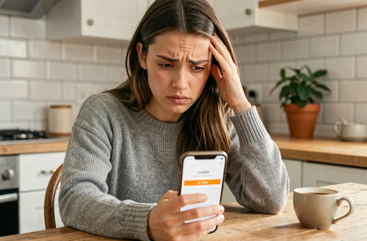Jeune femme frustrée regardant son smartphone avec un message d'erreur sur l'application Nickel dans une cuisine moderne