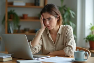 Femme frustrée face à son ordinateur portable consultant son compte bancaire professionnel en ligne