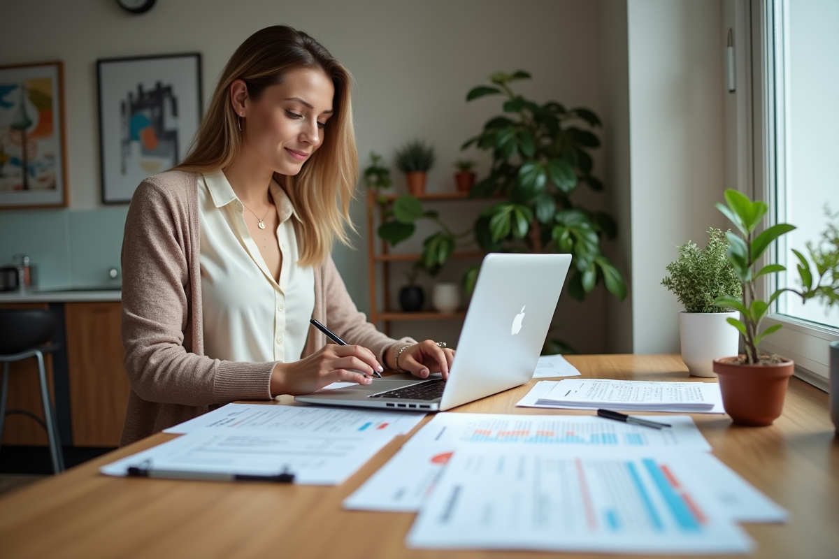 Femme vérifiant des documents comptables sur une grande table