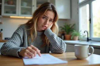 Femme inquiète examinant un relevé bancaire avec une transaction AMZ Installments inconnue dans une cuisine moderne
