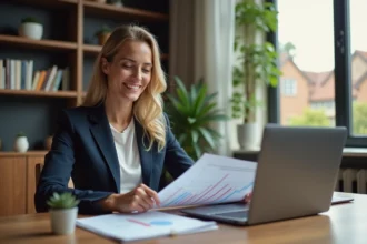Femme d'affaires souriante avec documents d'investissement