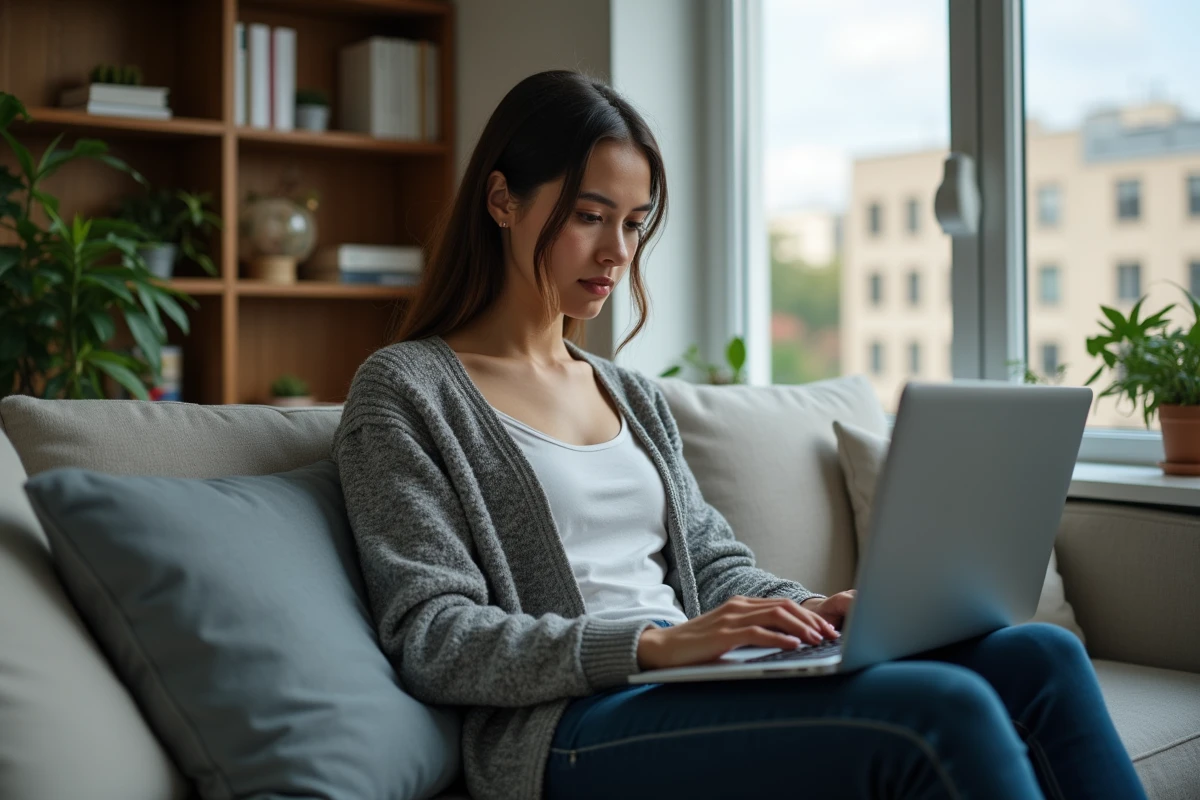 Jeune femme regardant son ordinateur dans un salon cosy