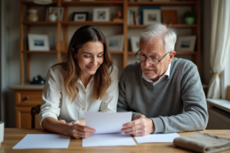Femme d'âge moyen lisant des papiers avec un homme âgé à la maison