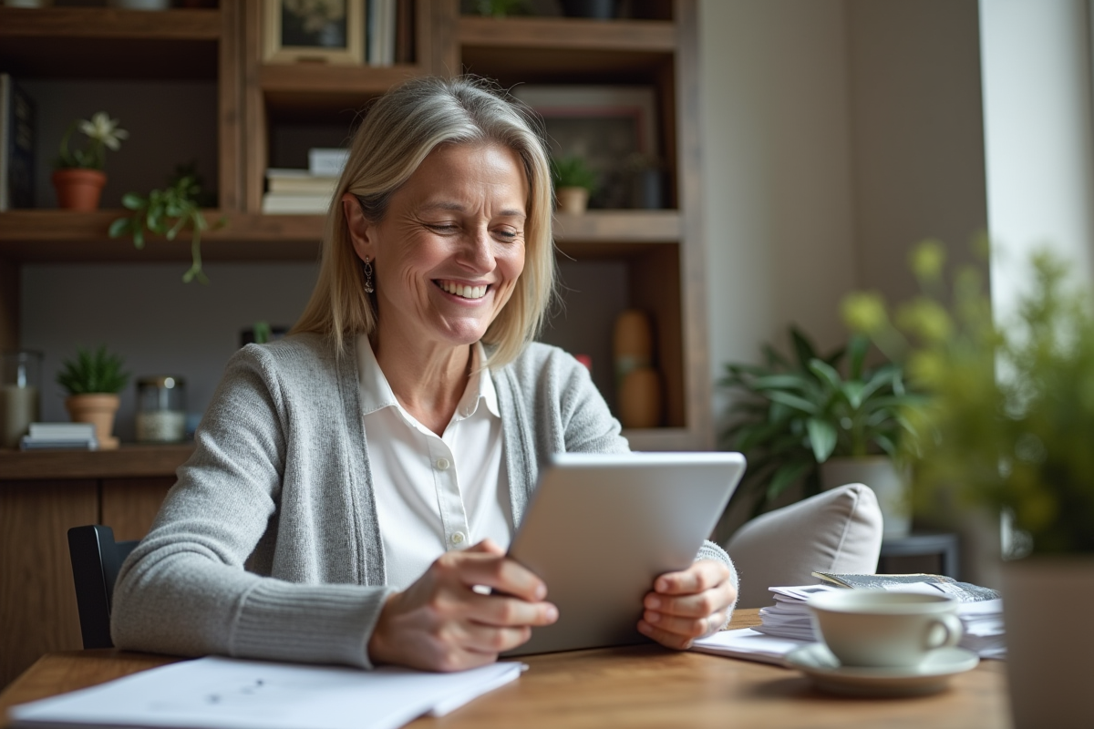 Femme souriante vérifiant son application bancaire sur tablette