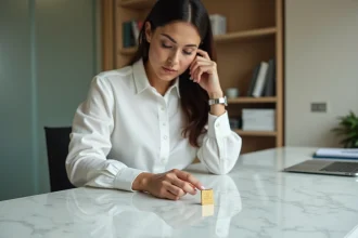 Femme examinant un lingot d'or 24 carats sur un bureau en marbre dans un bureau financier moderne