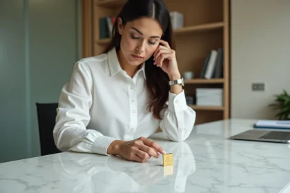Femme examinant un lingot d'or 24 carats sur un bureau en marbre dans un bureau financier moderne