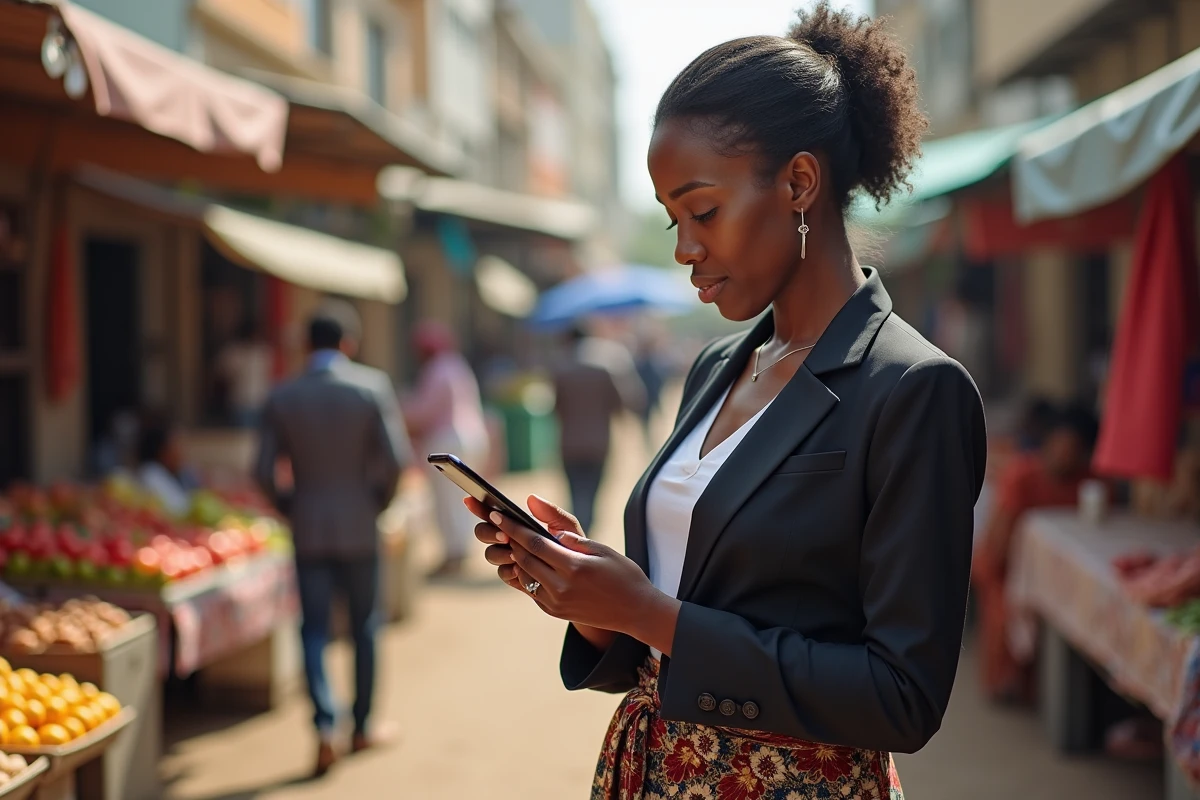 Une femme africaine consulte des données financières sur son téléphone dans un marché urbain d'un pays émergent
