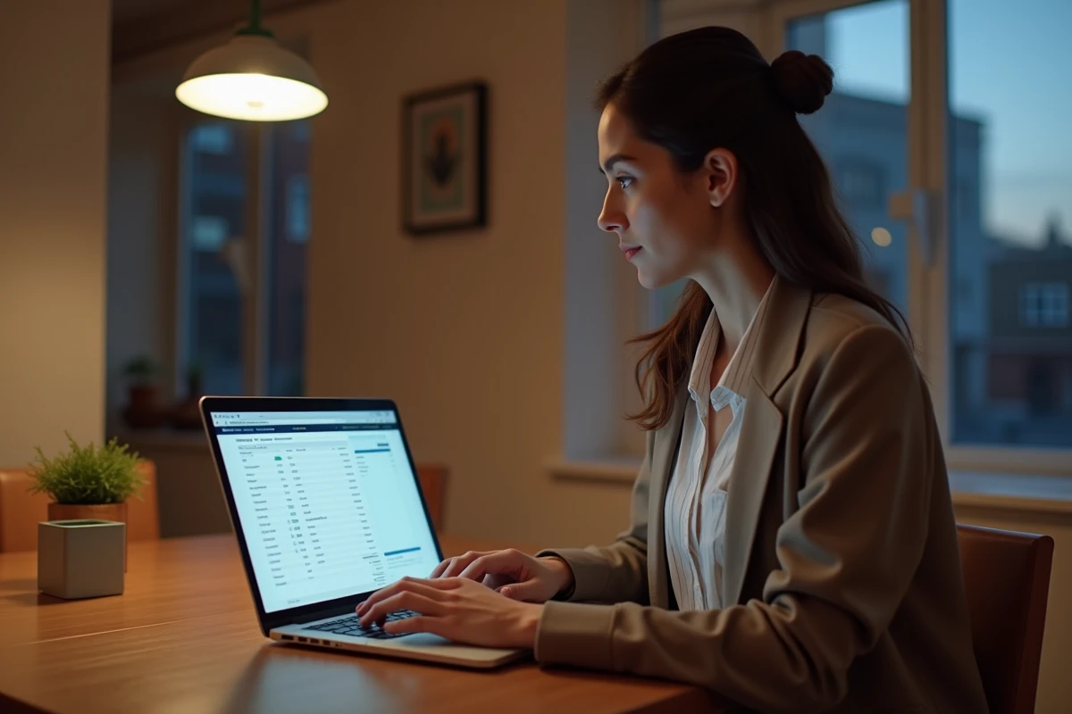 Jeune femme vérifiant une fiche de paie sur son ordinateur à la maison