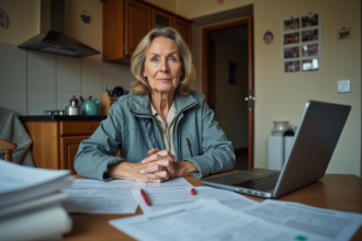 Femme d'âge moyen avec papiers dans la cuisine
