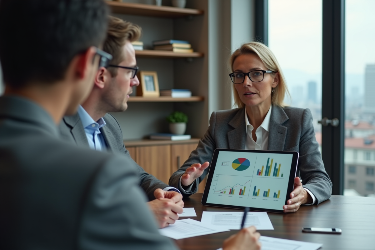 Femme en blazer présentant des graphiques à ses collègues en réunion