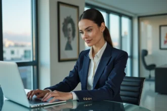 Femme en costume navy travaillant sur son ordinateur dans un bureau moderne