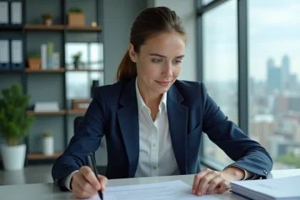 Femme d'affaires en costume regardant un contrat au bureau