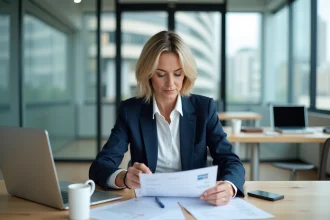 Femme professionnelle en blazer marine examinant une facture pro à son bureau dans un open space moderne