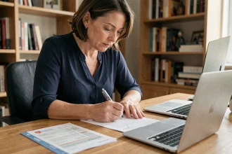 Femme rédigeant un courrier d'opposition à un prélèvement bancaire ADIS à son bureau à domicile