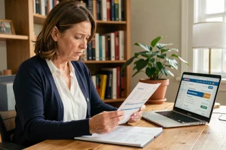 Femme consultant un relevé bancaire La Banque Postale à son bureau à domicile