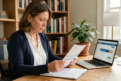 Femme consultant un relevé bancaire La Banque Postale à son bureau à domicile