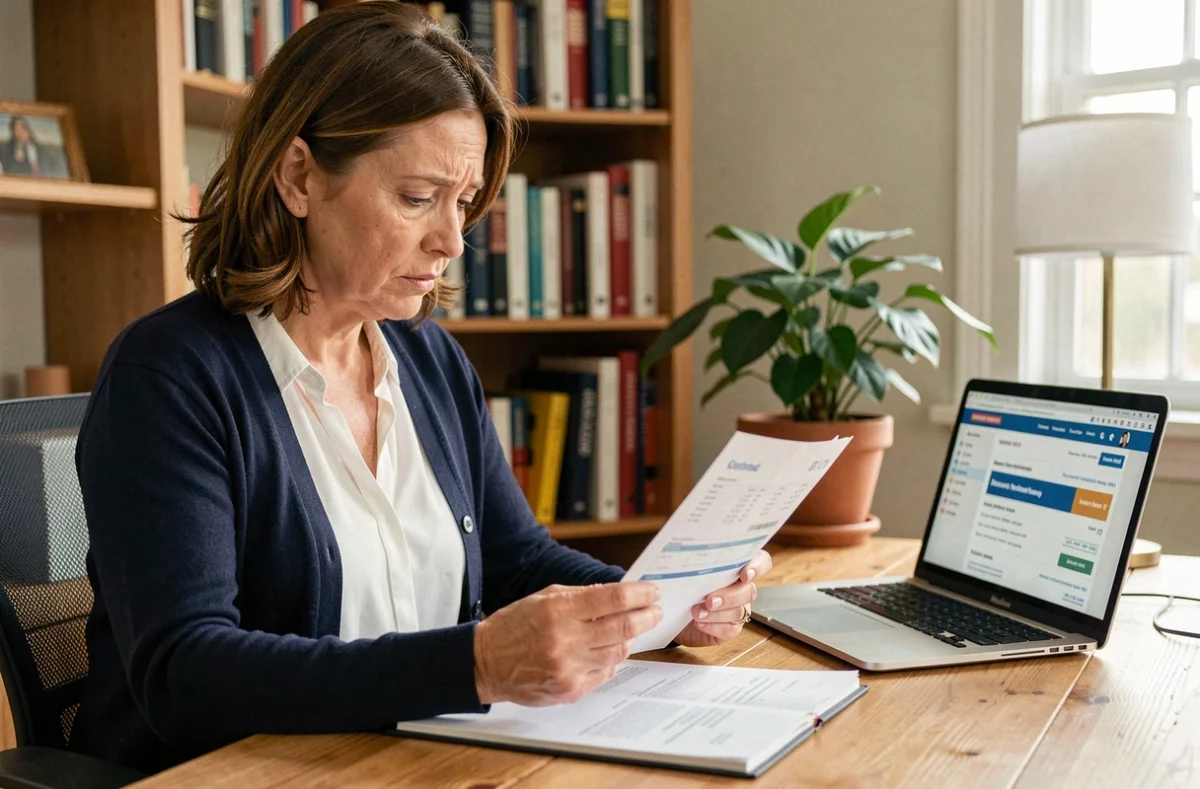 Femme consultant un relevé bancaire La Banque Postale à son bureau à domicile