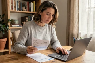 Femme consultant un relevé de compte Crédit Agricole imprimé à son bureau à domicile pour des démarches administratives