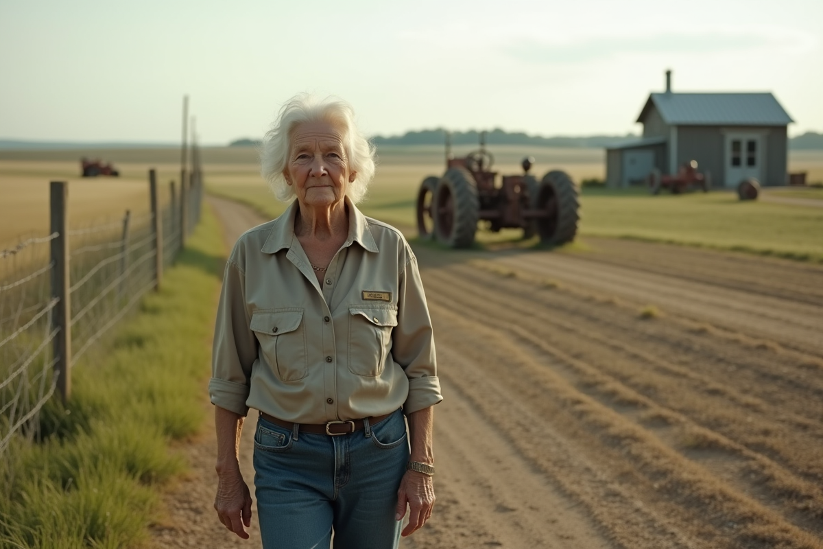 Femme âgée dans un paysage rural avec ferme et machines