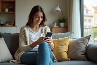 Femme assise sur un canapé vérifiant son application bancaire